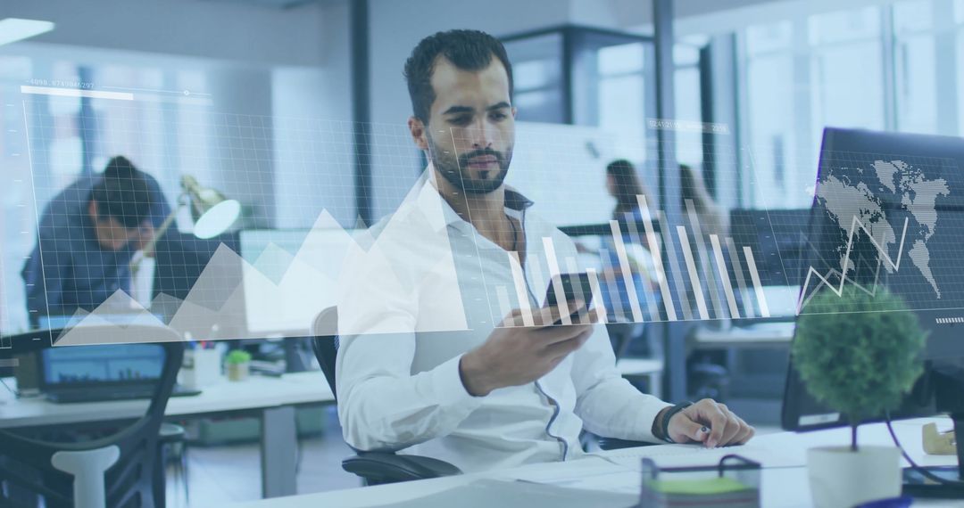 Businessman Analyzing Financial Data with Smartphone in Office Setup