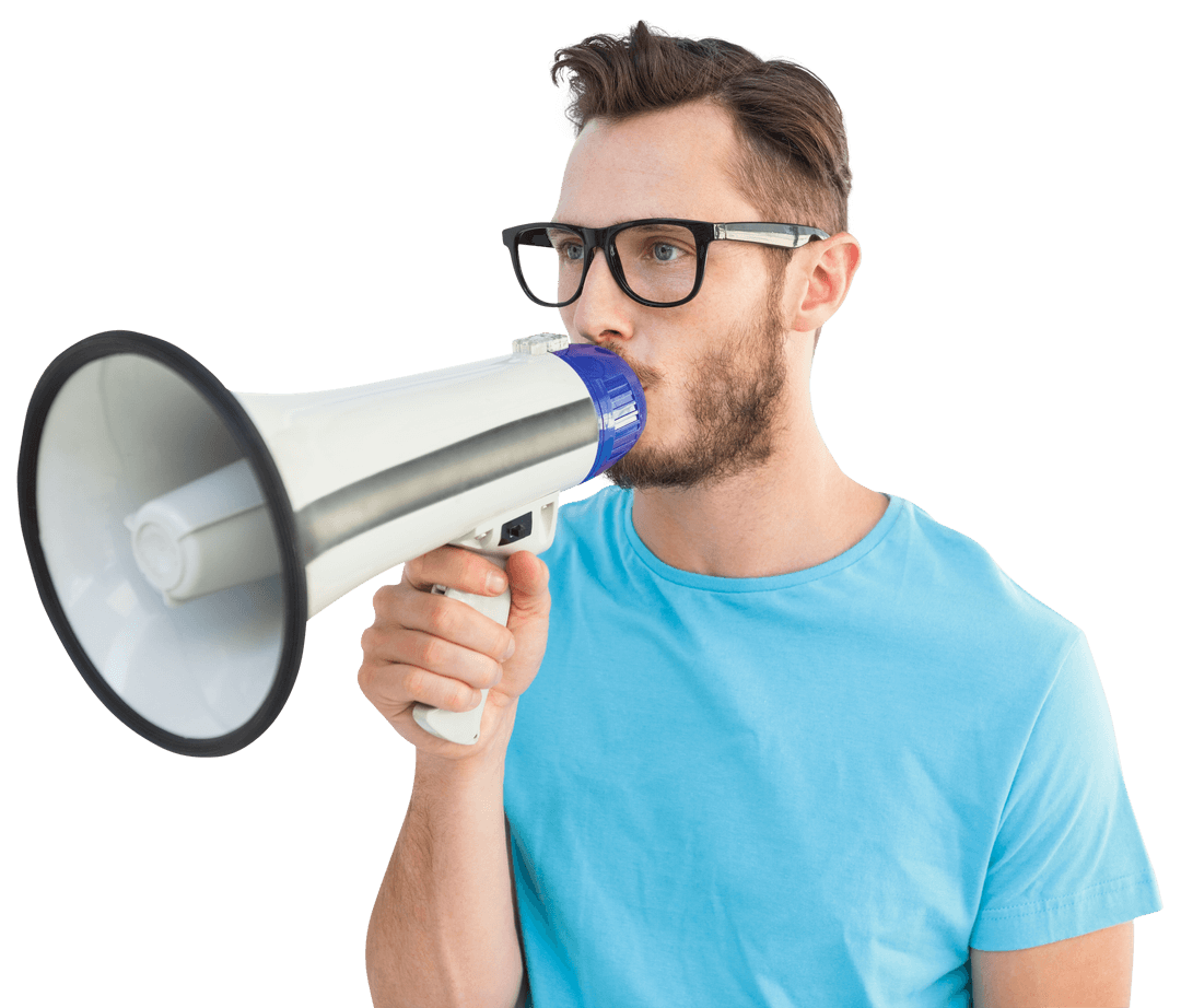 Stylish Man Communicating with Megaphone on Transparent Background
