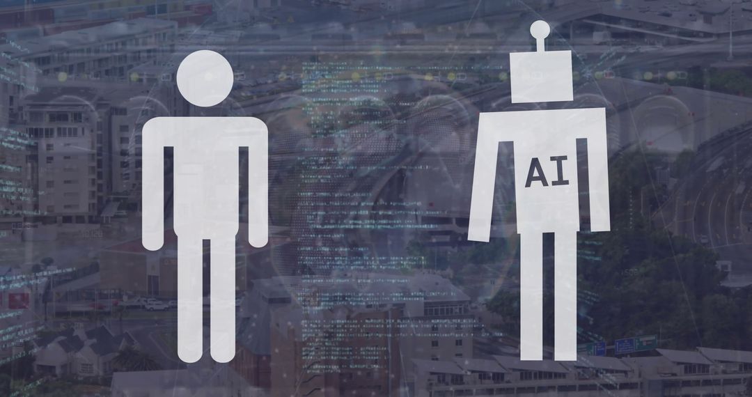 Digital Composition of Human and AI Icons Symbolizing Future