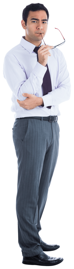Pensive Asian Businessman With Glasses on Transparent Background