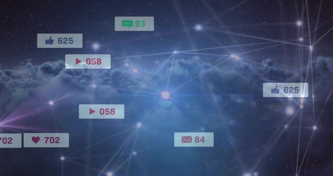 Pulsing central network node over cloud with floating notification badges and mesh grid