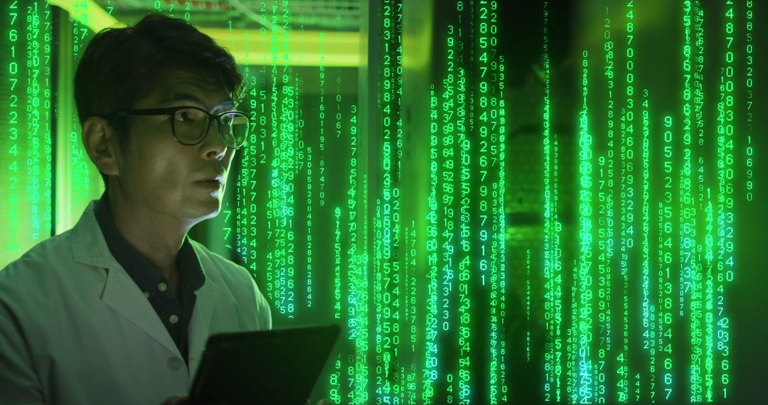 Data Scientist Analyzing Code in Server Room