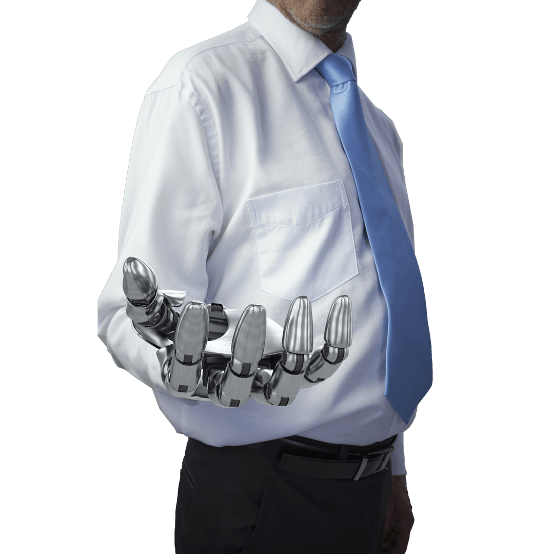 Businessman with Robot Hand Embracing Transparent Technology Future