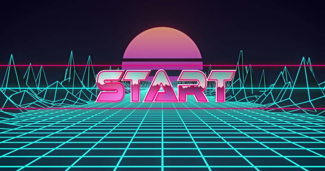 Retro Futuristic Start Screen with Grid and Neon Sun