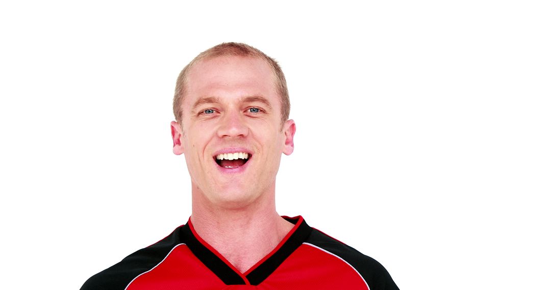 Smiling Man Wearing Red and Black Jersey Isolated on White Background - Free Images, Stock Photos and Pictures on Pikwizard.com