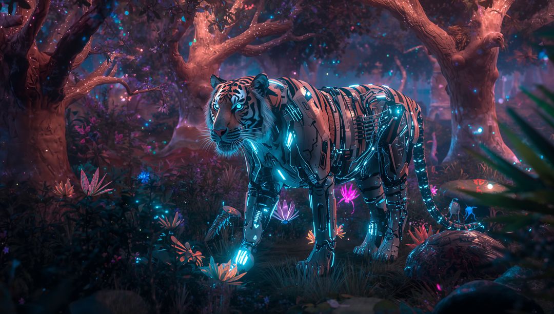 Futuristic Cybernetic Tiger Strolling Through Luminous Forest
