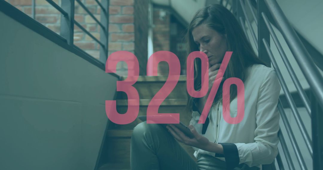 Caucasian Businesswoman Analyzing Data on Tablet with Inside Overlay