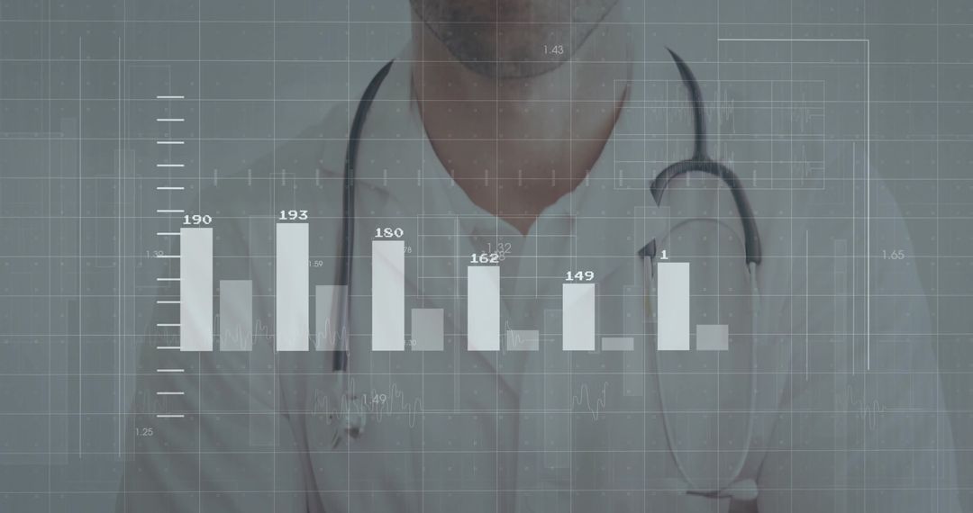 Doctor Analyzing Medical Data with Holographic Bar Chart Interface