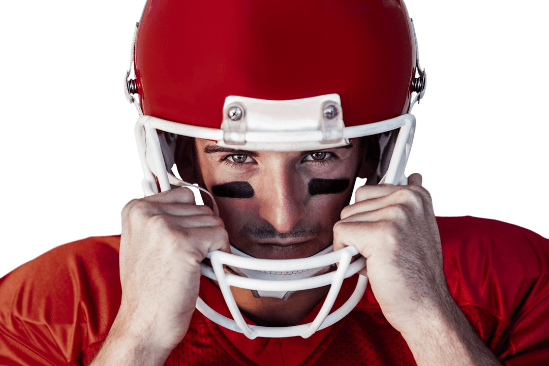 Focused Rugby Player Adjusting Helmet Isolated Clean Background