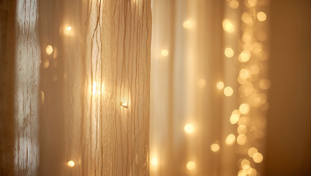 Filtering sheer curtain revealing golden string lights, soft bokeh glow for cozy interiors