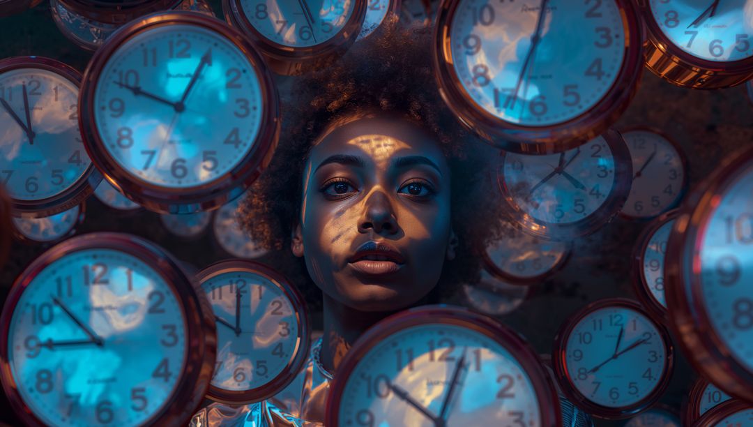 Surreal portrait woman surrounded by floating analog clocks cyan amber dramatic lighting