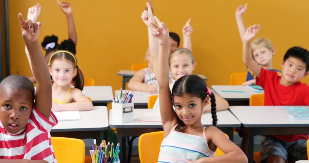 Diverse Schoolchildren Enthusiastically Participating in Classroom Lesson