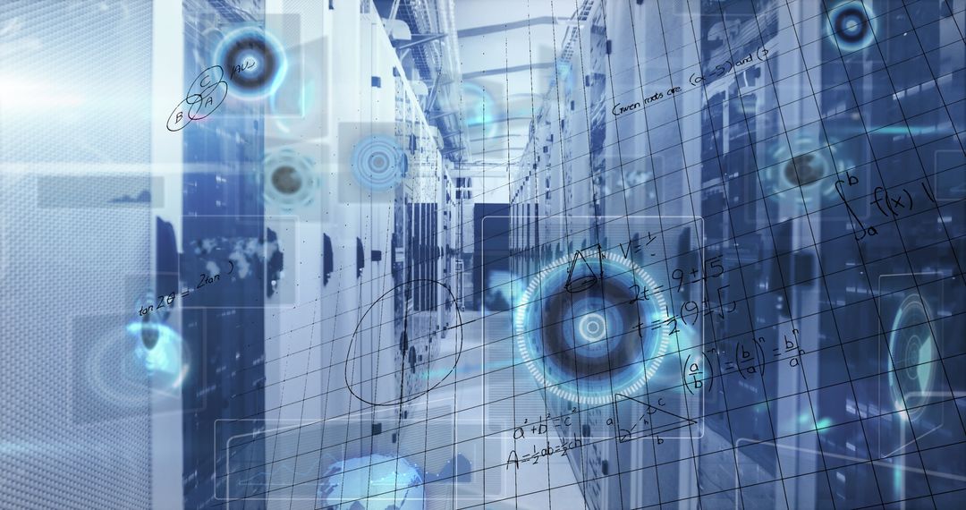 Futuristic Server Room with Digital Infographic Display and Equations