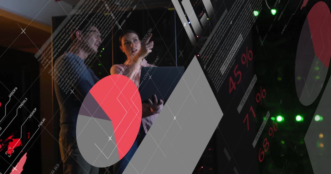 IT Engineers Analyzing Server Data with Digital Graphics Overlay