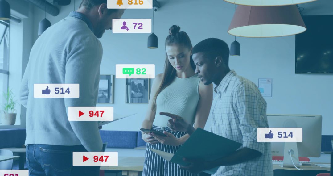 Team collaborating on mobile marketing metrics in modern office with social media overlays