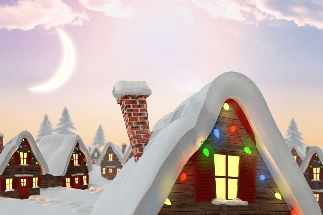 Charming Snowy Cottages with Transparent Background and Christmas Lights