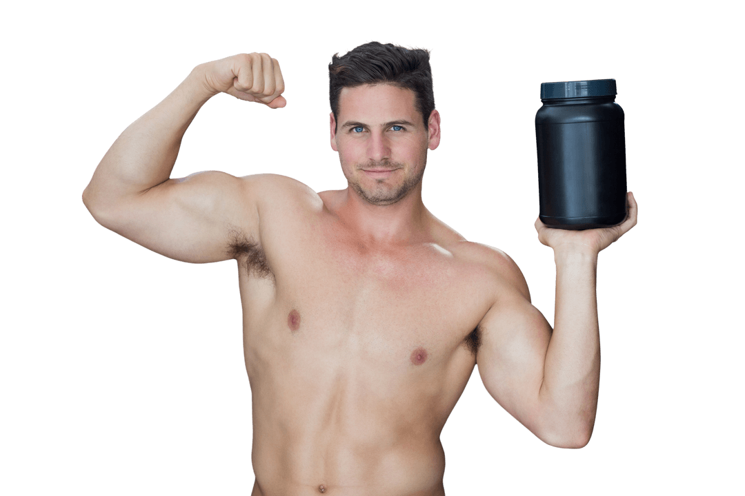 Shirtless Man Flexing with Protein Container Transparent Background