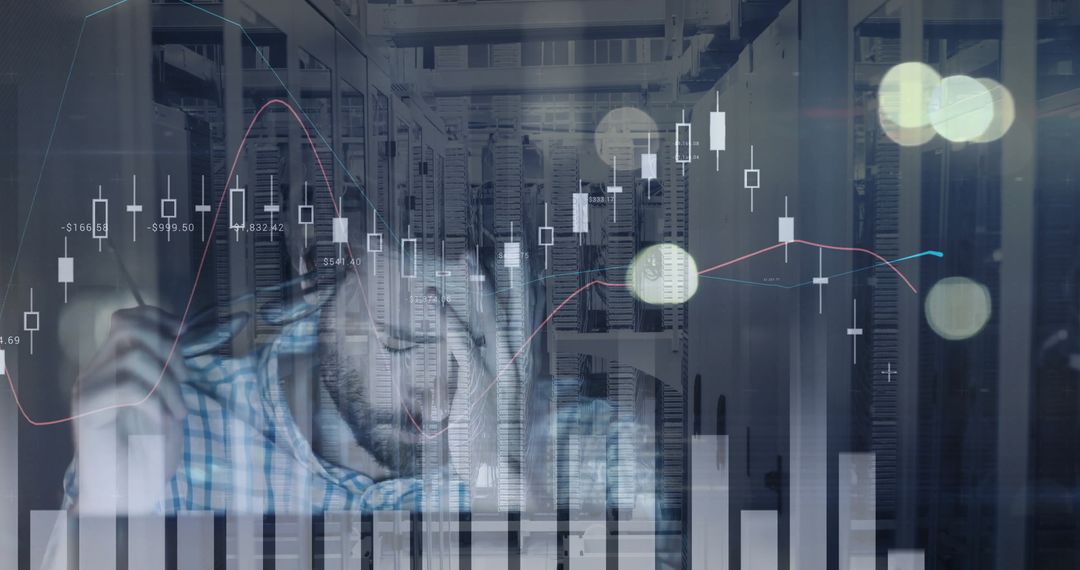 Data Analyst Working in Modern Server Room with Financial Graphs