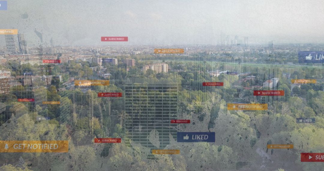 Urban Skyline with Digital Notification Overlays Art