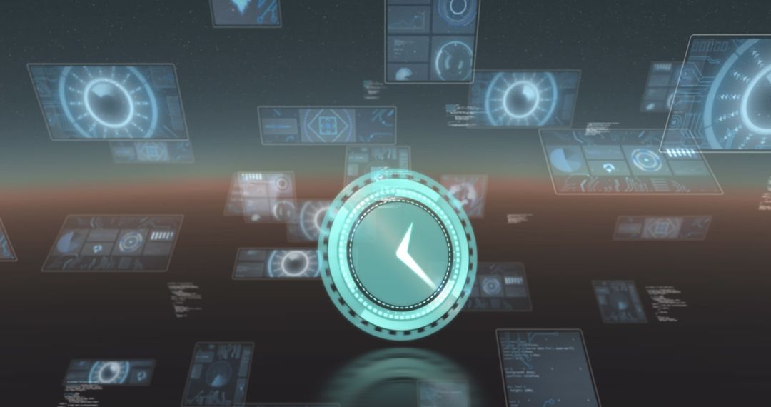 Digital Clock with Data Interfaces on Futuristic Blue Background