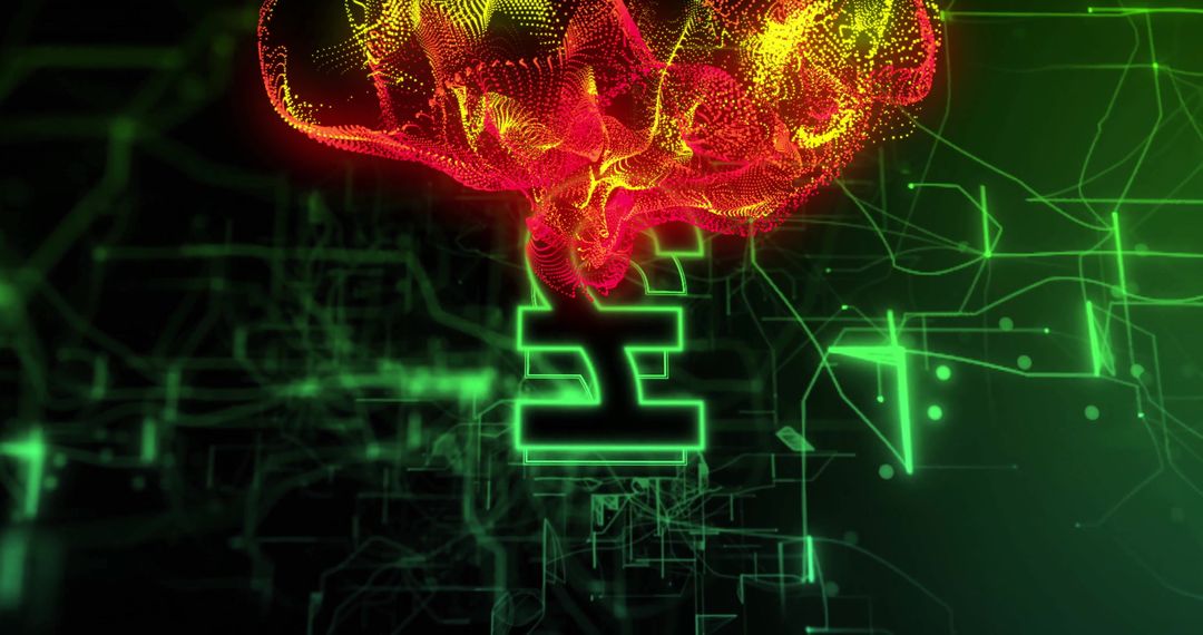 Neon Chinese Character with Brain Mesh in Futuristic Cyberspace