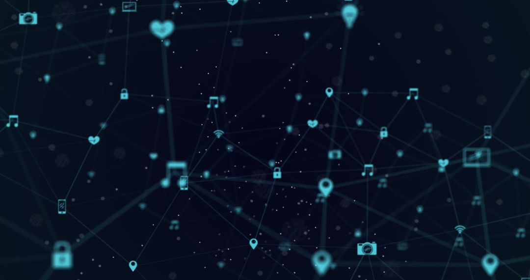 Digital Network of Icons on Dark Abstract Background