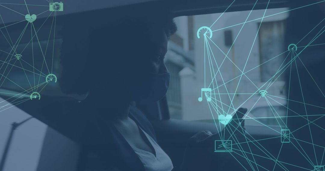 African American Woman in Car Surrounded by Digital Media Icons