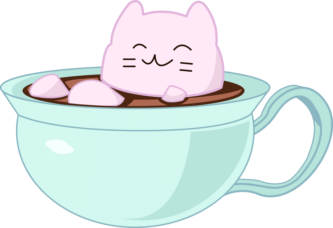 Pastel Pink Cat Floating in Blue Cup on Transparent Background