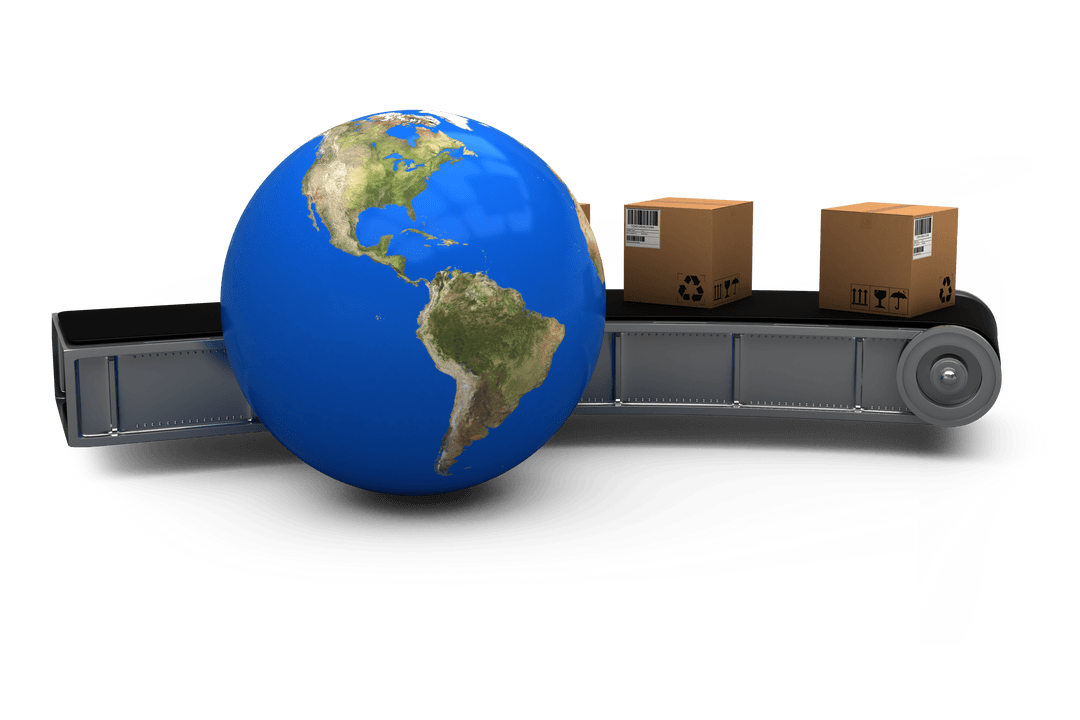 Transparent Globe with Conveying Parcels Illustrating Global Trade