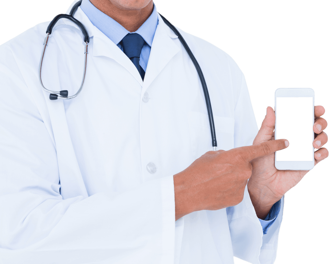 Doctor with Stethoscope Pointing to Smartphone Transparent Background