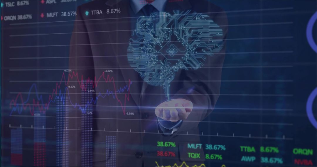 Executive Presenting Holographic AI Brain Over Financial Charts and Data Analytics