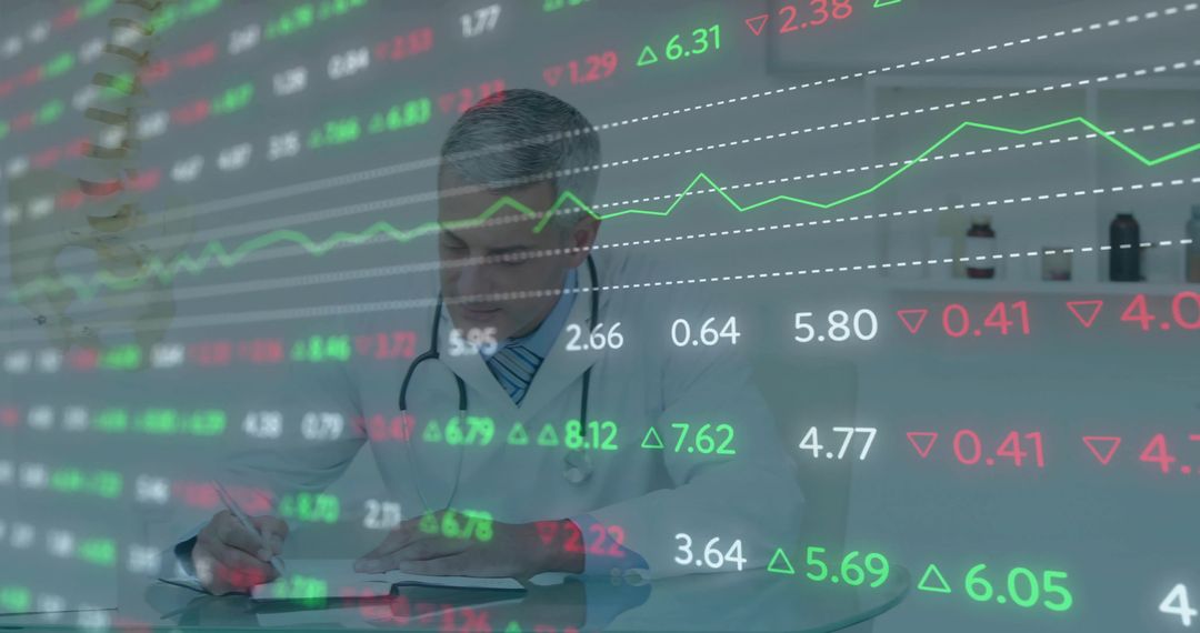 Doctor Analyzing Healthcare Data with Stock Market Overlay