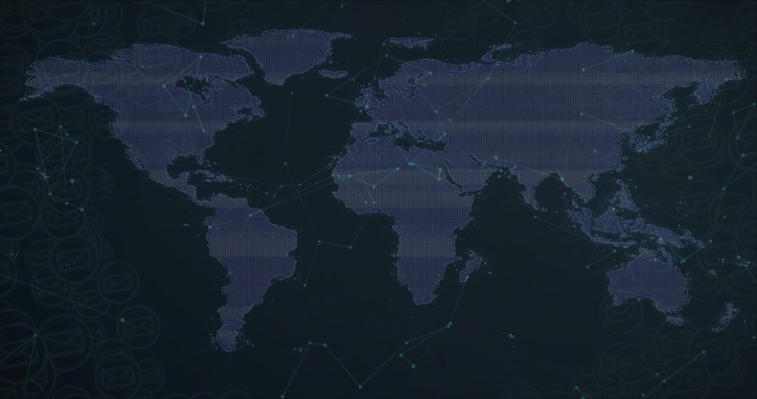 Pixelated World Map Displaying Global Data Network Connections