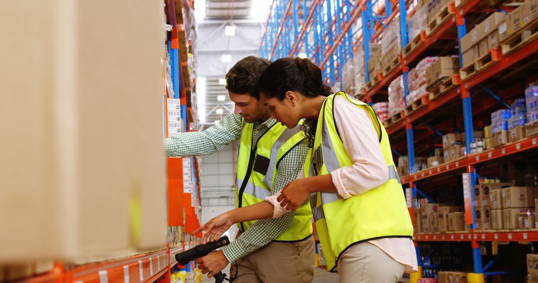 Warehouse Workers Scanning Barcodes on Shelves in Distribution Center - Free Images, Stock Photos and Pictures on Pikwizard.com