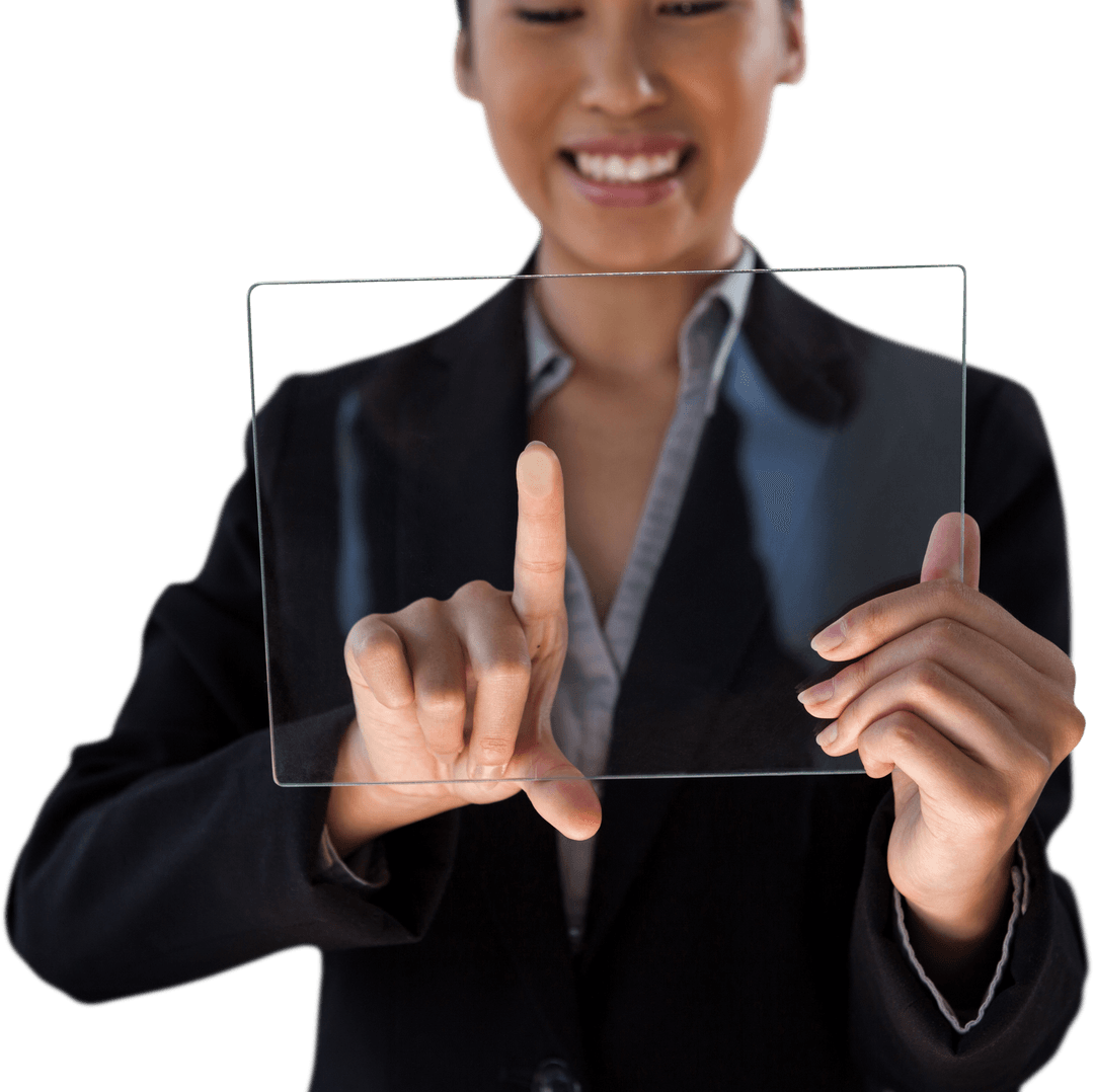 Smiling Businesswoman Engaging with Transparent Glass Interface