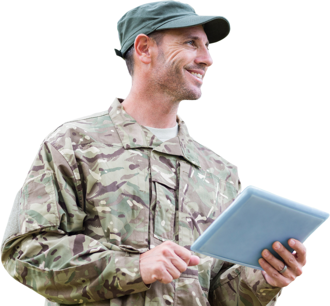 Smiling Army Man Holding Digital Tablet Wearing Camouflage Uniform - Transparent Background - Download Free Stock Images Pikwizard.com