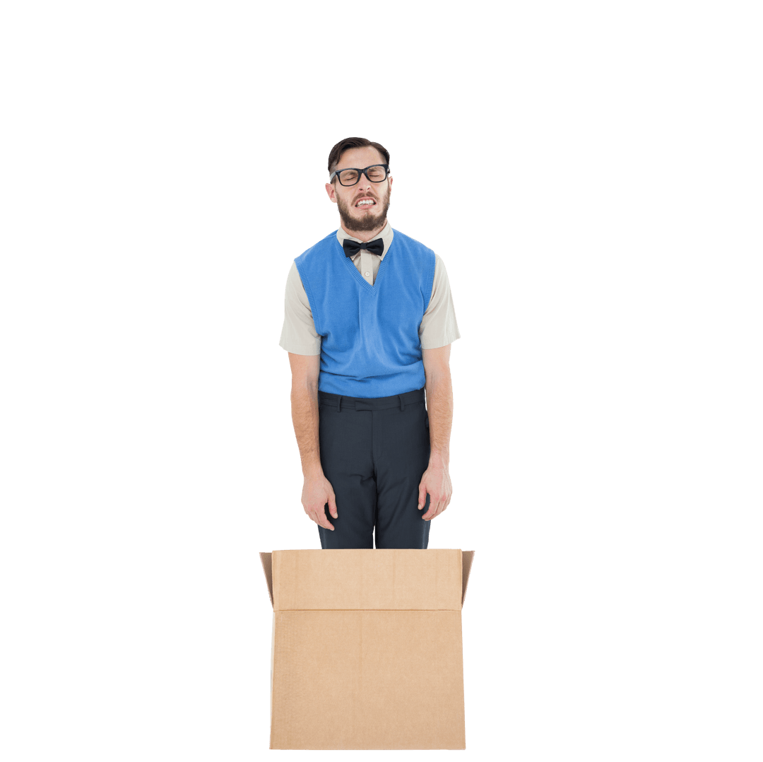 Caucasian Man in Box with Funny Emotion - Transparent Background