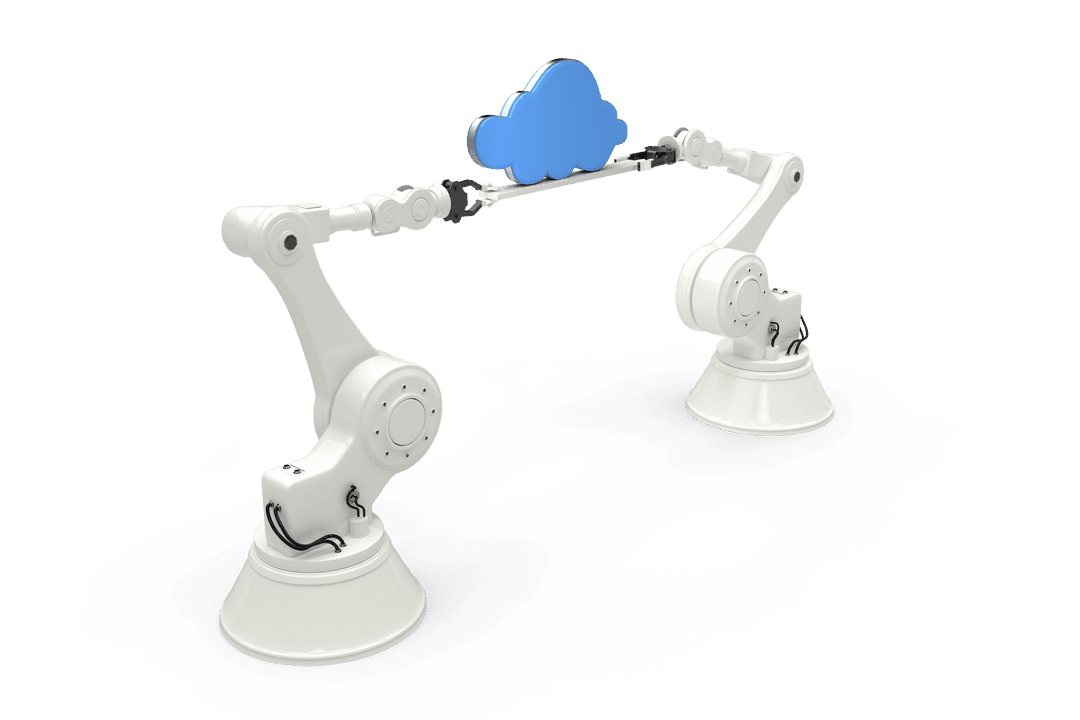 White Robotic Arms Holding Blue Cloud on Transparent Background
