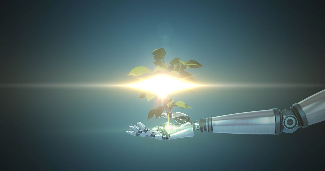 Robot Hand Nurturing Glowing Plant Symbolizing Future Innovation