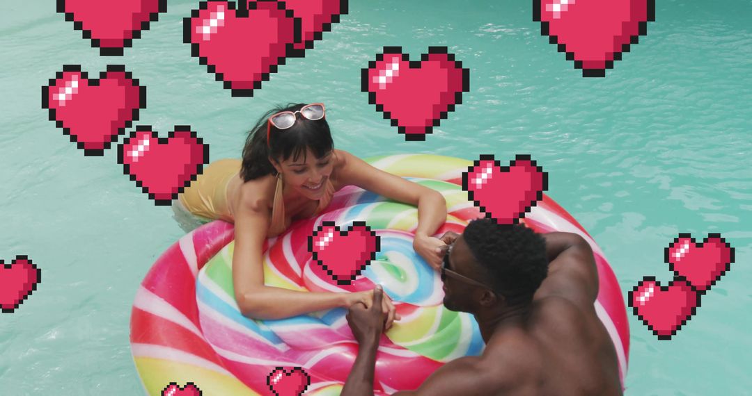 Couple Smiling on Colorful Lollipop Float in Pool Surrounded by Pixel Heart Graphics Fun