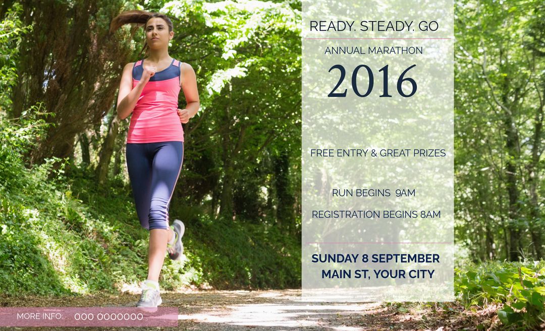 Female Runner in Lush Forest Promoting Marathon Event
