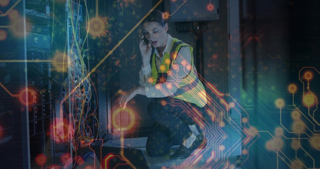 Network Technician Troubleshooting in Data Center with Futuristic Overlay