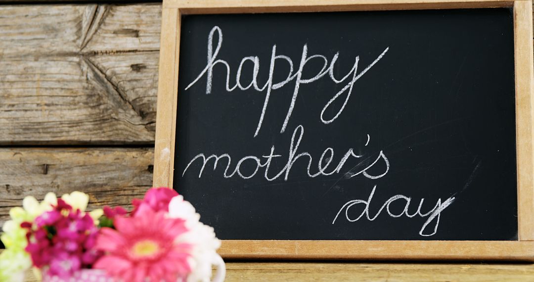Happy mothers day text written on chalk board with cup of flowers against wooden background - Free Images, Stock Photos and Pictures on Pikwizard.com