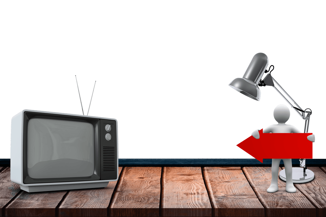 Retro TV next to transparent stick figure holding arrow
