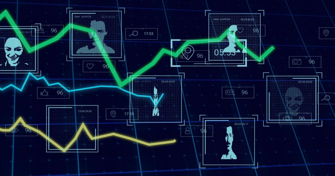 Displaying futuristic network analytics HUD with user profile frames, neon data lines