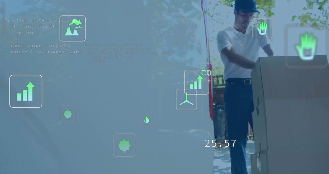 Courier loading boxes by van with augmented reality logistics overlay and data metrics