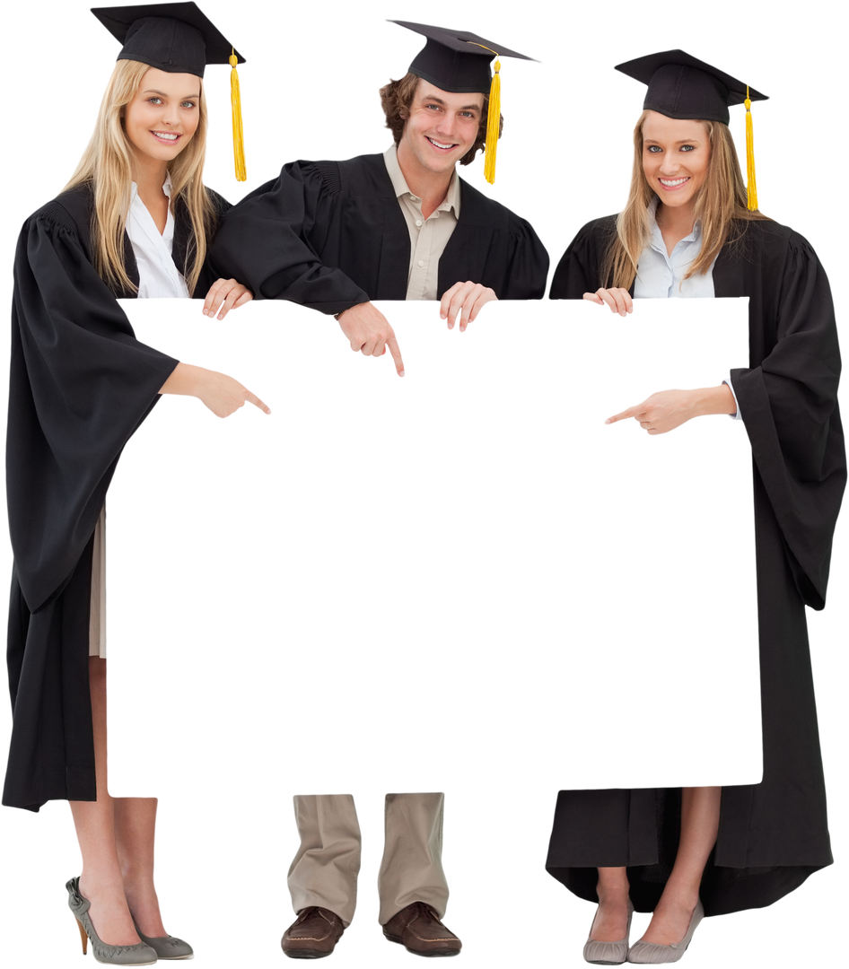 Group of Happy Caucasian Students in Graduation Outfits Showing Close-Ap Golden Blank Board Transpar - Download Free Stock Images Pikwizard.com