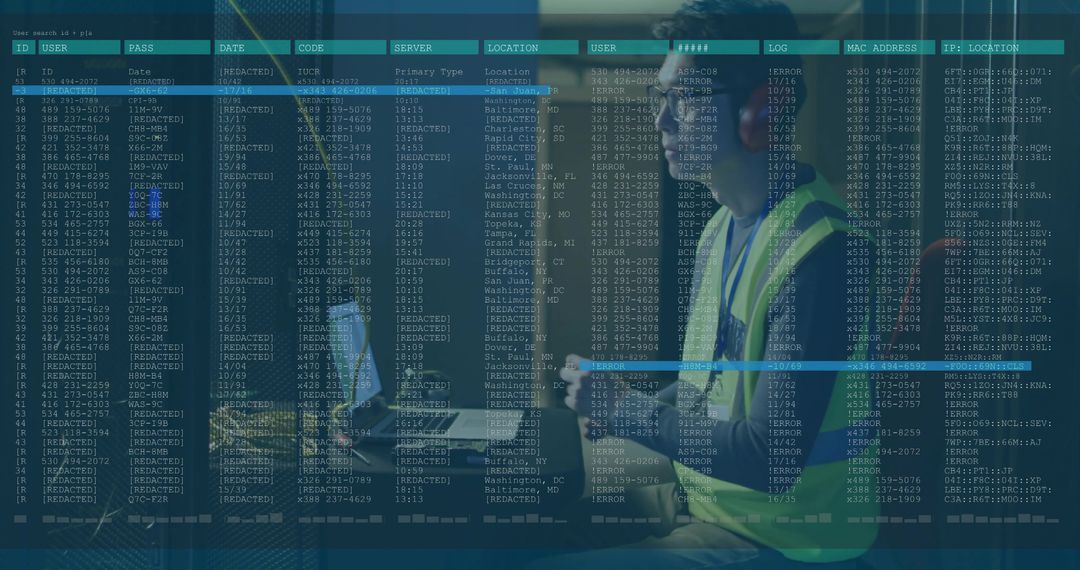 Technician Conducting Inspection in Data Center with Overlayed Data