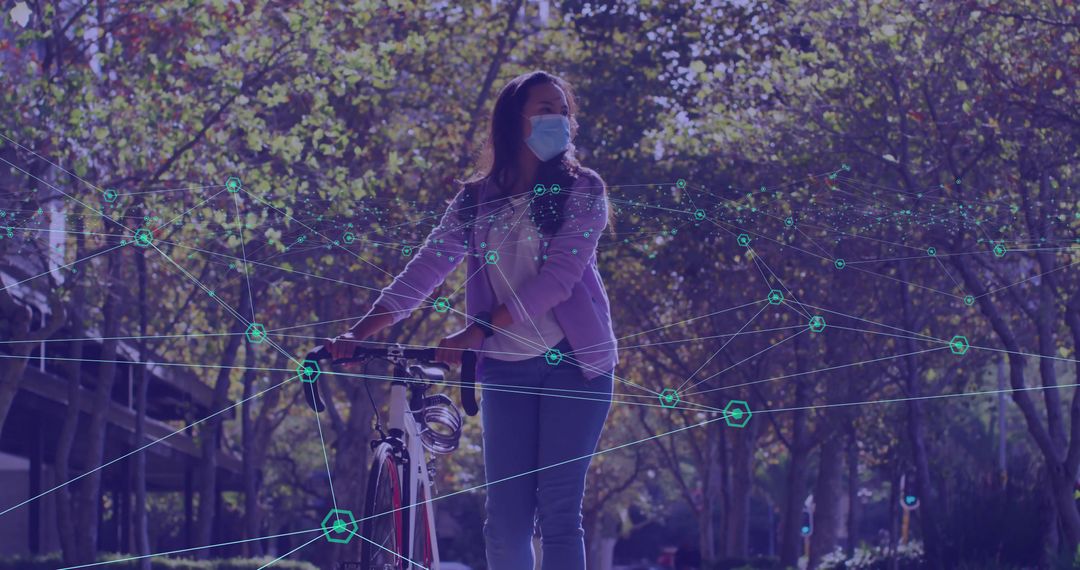 Urban commuter woman wearing mask holding bicycle on sunlit path with AR network overlay