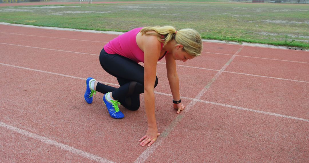 Female Athlete Preparing for Sprint at Outdoor Running Track - Free Images, Stock Photos and Pictures on Pikwizard.com